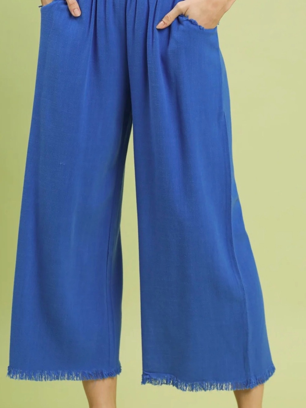 Umgee Cerulean Blue Wide-Leg Cropped Pants with Frayed Hem